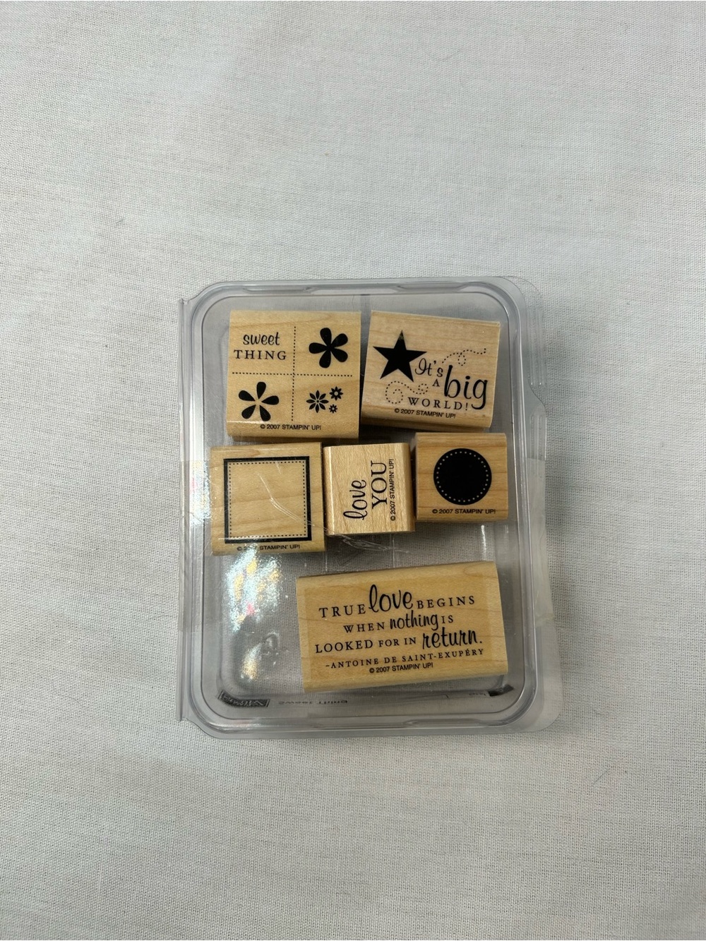 Stampin' Up! Natural Wood Craft Stamp Set with Sentiments and Shapes